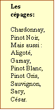 Zone de Texte: Les cpages:  
	
Chardonnay,
Pinot Noir,
Mais aussi :
Aligot,
Gamay,
Pinot Blanc,
Pinot Gris,
Sauvignon,
Sacy,
Csar.
