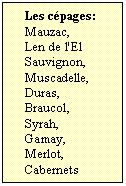 Zone de Texte: Les cpages:  
Mauzac,
Len de l'El
Sauvignon,
Muscadelle,
Duras,
Braucol,
Syrah,
Gamay,
Merlot,
Cabernets

