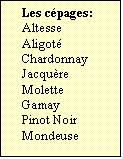 Zone de Texte: Les cpages:  
Altesse
Aligot
Chardonnay
Jacqure
Molette
Gamay
Pinot Noir
Mondeuse
	
